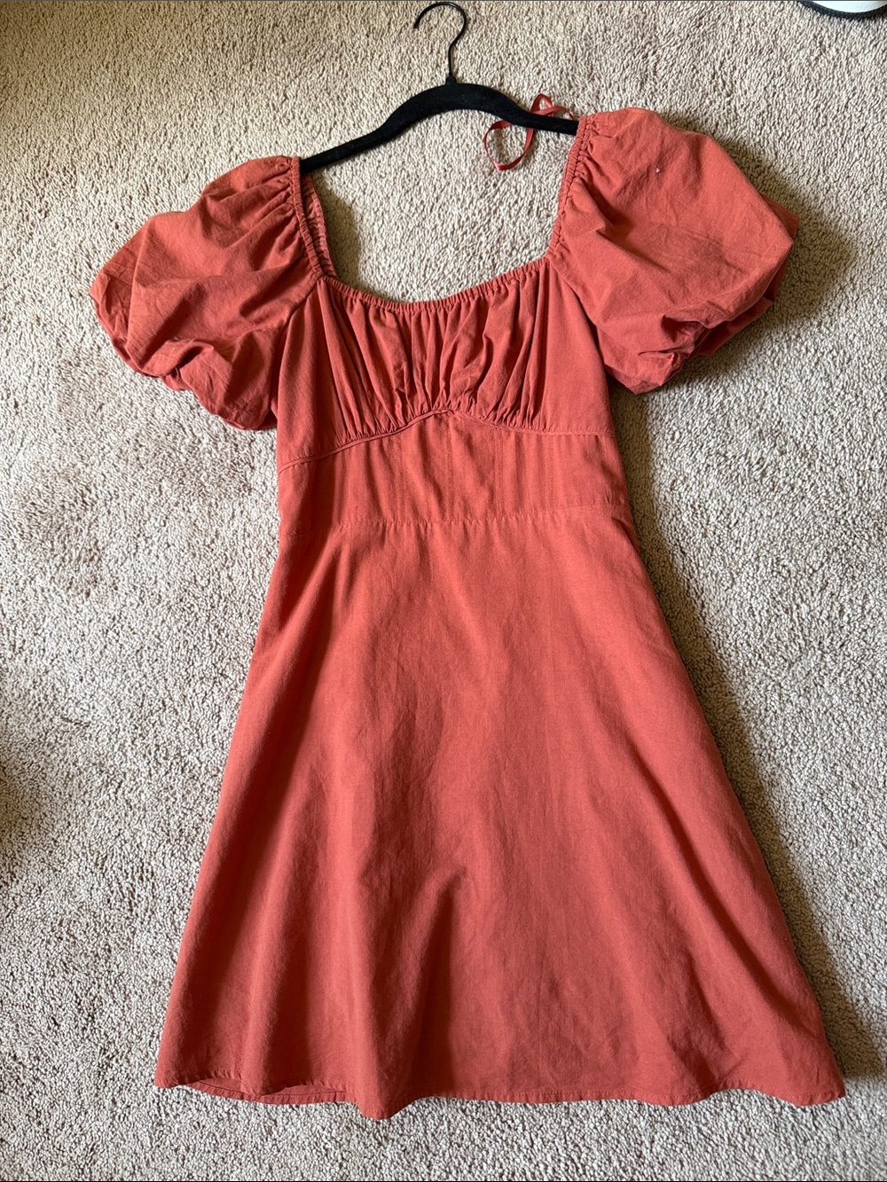 Puff Sleeve Square Neck Dress in Terracotta